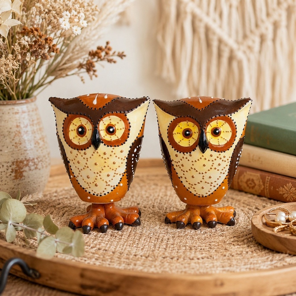 Vintage Owl Bobble Head Figurines Pair Ceramic Resin Hand Painted 5" Folk Art